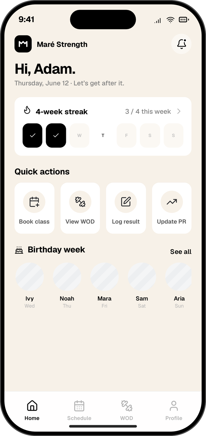 MetconWod athlete app home screen showing a 4-week training streak and quick actions to book a class, view the WOD or log a result