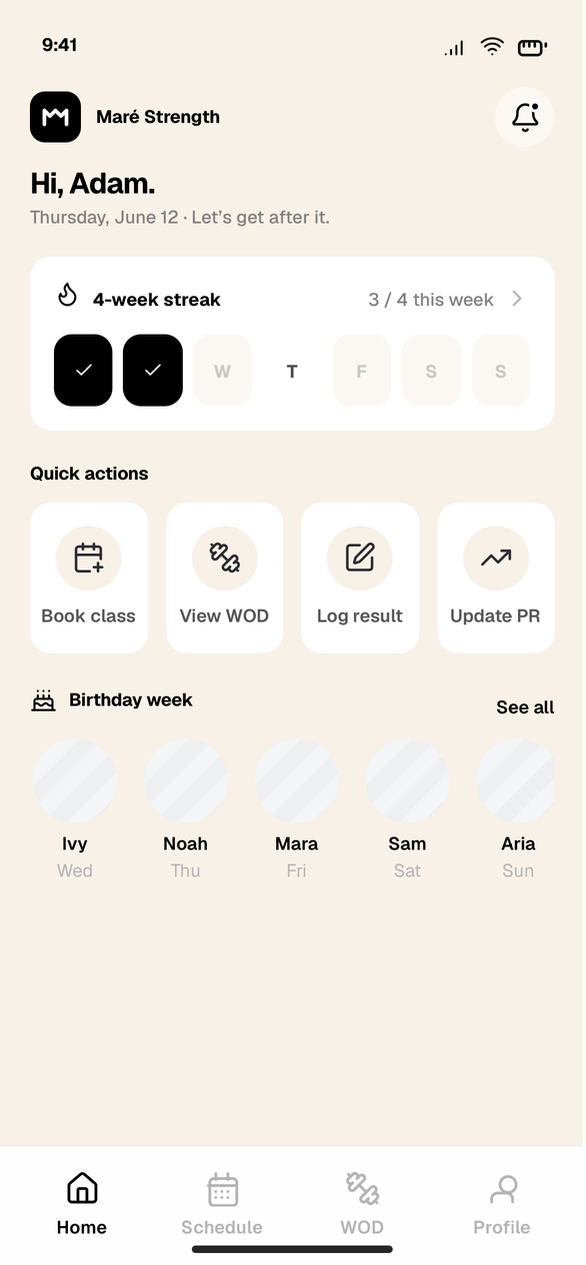 MetconWod athlete app — home screen with training streak and the day's session