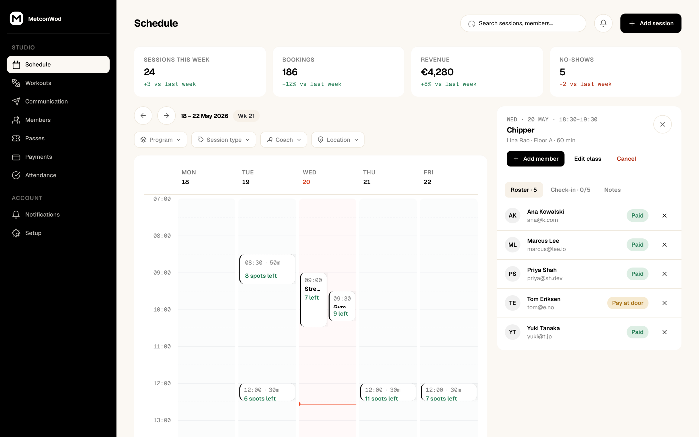 MetconWod coach dashboard — the week of sessions with revenue stats and a class roster panel